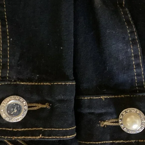 Quacker Factory Black Denim/Jean Jacket Pearl Buttons Beaded Studed Sz XS #57X - Picture 7 of 9